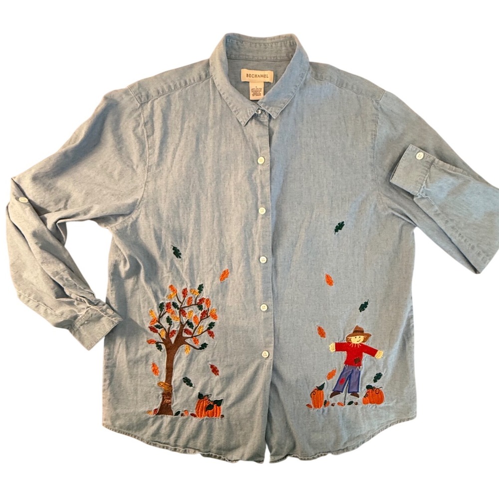 Bechamel Womens L Blue Denim Fall Scarecrow‎ Pumpkin Embroidered Button Down